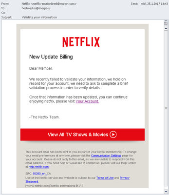Svikapóstur til að ná af þér Netflix upplýsingum.